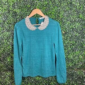 NWT Chloe K, Teal Long Sleeve Blouse, Pearl & Bead Collar Women’s Size M
